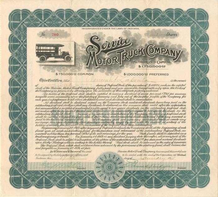 Service Motor Truck Co. - Stock Certificate